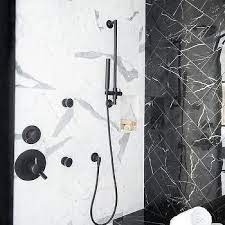 Marble Walk In Shower With Stainless Steel Shower Niche Transitional Bathroom White Mosaic Floor Tile White Beveled Subway Tile Shower Wall Tile