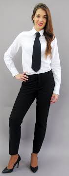 Unlike the classy and refined white, black displays a sense of unbridled power and fearlessness and there is an unexplainable refined enigma about a man dressed in a black shirt. Dressed Formal For Work In White Shirt Black Pants And Tie Flickr Women Wearing Ties Formal Wear Women White Shirt Outfits