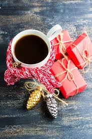 Cup Of Coffee With Bright Red Scarf And Christmas Time Decorations On Wooden Table With Copyspace Pausa Caffe Caffe Coffe