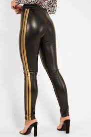 Black Faux Leather Gold Side Stripe Trousers Evangelina Side Stripe Trousers Leather Pants Shiny Leggings
