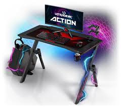 Gaming desk with monitor stand, ergonomic pc gaming table gamer computer desk with headphone hook, speaker holder and cup holder. Gaming Desk Computer Table For Gamer Shop Ultradesk Europe