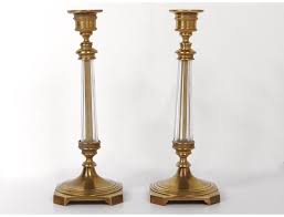 Antique clear glass mantle candle luster / candle holder 12 photo. Pair Of Sconces Gilt Bronze Candlesticks Crystal Candlesticks Nineteenth Century