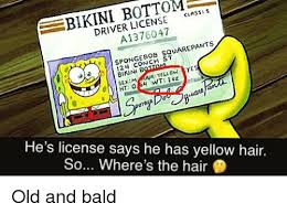 If episode airdates/production correlated with the time set in an episode, this would make him 13 years old at the time of the episode's airing and production. Bikini Bottom Driver License Casss A1376047 Spongebob Squarepants 124 Conch St Bikini B Sex M Hairyellow Ete He S License Says He Has Yellow Hair So Where S The Hair Sex Meme On
