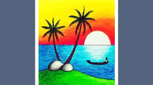 Beginners mountain landscape drawing with oil pastel video. Easy Sunset Scenery Drawing How To Draw Simple Scenery Of Sunset In Tropical Beach Youtube