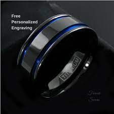 Thin Blue Line Ring Men S Women S Titanium Black Etsy In 2021 Black Titanium Ring Mens Wedding Rings Rings For Men