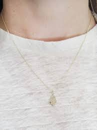 Mini Diamond Pave Hamsa Yellow Gold Charm Necklace Gold Charm Necklace Lucky Charm Necklace Necklace