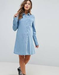 Asos Maternity Asos Design Maternity Denim Shirt Dress With Deep Cuff Detail In Midwash Blue Maternity Denim Shirt Shirt Dress Denim Shirt Dress
