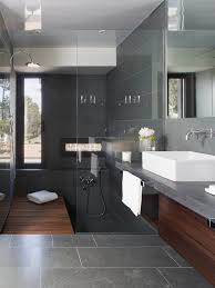 Light Grey Floor Tiles Dark Grey Wall Tiles Wood Cabinet With Grey Vanity Top Contemporary House Design House Design Contemporary House