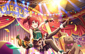 murakami tomoe, idolmaster, idolmaster cinderella girls, official art,  1girl, bear, circus, confetti, high heels, ponytail, red hair, stage  lights, sword, thighhighs, weapon - Image View - | Gelbooru - Free Anime  and Hentai Gallery