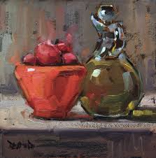 Cathleen Rehfeld Daily Painting Olive Oil And Coral Bowl With Italian Plums Fine Art Painting Original Fine Art Quirky Art