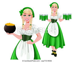 Clip art happy st patrick's day. Happy St Patricks Day Set Of Two Poses Young Woman Leprechaun Serving Ale And Holding A Pot Of Gold Beautiful Lady In Canstock