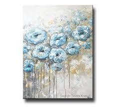 Wild flowers meadow, green field paintings. Original Art Abstract Flowers Painting Floral Blue White Grey Wall Art Contemporary Art By Christine