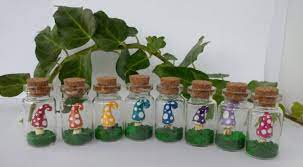 Miniature Spotted Toadstool Sculpture In Glass Jar Fairy Etsy Polymer Clay Mushroom Clay Projects Clay Fairy House