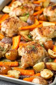 Skip the seasoning and brush with your favorite bbq sauce the last 5 minutes to make great oven baked bbq thighs. Easy Chicken And Potatoes With Fresh Veggies Spend With Pennies