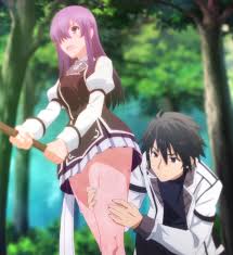 ayatsuji ayase, kurogane ikki, rakudai kishi no cavalry, anime screenshot,  highres, 10s, 1boy, 1girl, hair over one eye, long hair, pleated skirt,  purple eyes, purple hair, school uniform, skirt, sweat, sword, thighs,