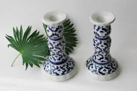 Large candle stand ceramic blue white floral pattern. Vintage Tablescapes Candle Holders Centerpieces