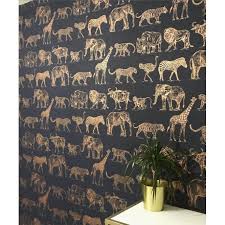 Boutique Safari Animals Midnight Blue Rose Gold Wallpaper 104893 Rose Gold Wallpaper Funky Wallpaper Gold Wallpaper