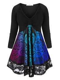 Plus Size Tribal Print Knotted Lace Trim T Shirt