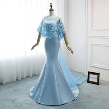 Custom Color Bridal Guest Dress Sheath Mermaid Ice Blue Wedding Reception Dresses Tulle Satin Bridal Gown Butterfly Lace Cape Evening Dress