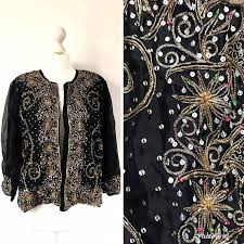 Black And Gold Cardigan Embroidered Black Jacket Black And Gold Blouse Sheer Sheer Embroidered Top Black Sheer Top Sequin Cardigan