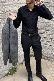Black Casual Dress Shirt With Black Pants And Shoes Pair It With Out With Out This Trendy Black And Gr Business Casual Looks For Men Suit Fashion Mens Outfits