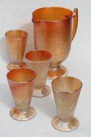 Vintage Marigold Luster Lemonade Set Crackle Pattern Depression Glass Pitcher Glasses The glass is made with bold depression glass was always made using bright colors. vintage marigold luster lemonade set