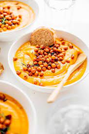 Pumpkin Soup With Smoky Bacon Chickpeas Recipe Vegetarian Christmas Recipes Pumpkin Soup Vegetarian Thanksgiving Recipes