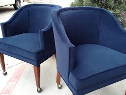 Mid Century Barrel Chairs On Casters Custom Upholstered In Sapphire Blue For A Client Love Swivel Rocker Recliner Chair Barrel Chair Chair