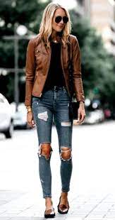 Brown Leather Jacket Fall Outfit With Destroyed Denim Jeans Need A Hot New Brown Lea Leather Jacket Outfits Brown Leather Jacket Outfit Leather Jackets Women