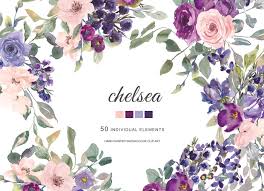 The bouquets contains touches of bright orange. Watercolor Plum Lavender Blush Pink Dark Purple Flowers Clipart Roses By Patishop Art Thehungryjpeg Com