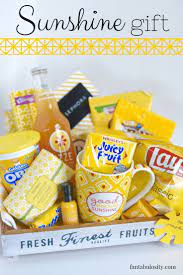 Grab the complete details here fantabulosity. Box Of Sunshine Gift Ideas Gift Baskets Of All Things Yellow Fantabulosity Sunshine Gift Diy Gift Baskets Themed Gift Baskets