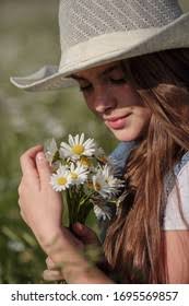 Little Girl Field Daisy Flowers Girls Stock Photo 1417451408