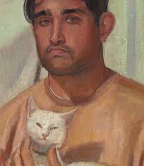 Seated portrait with cat and jonquils 113cm x 97.5cm, Oil & marble dust