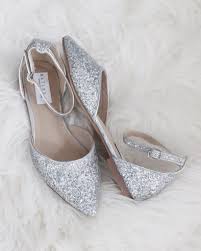 Silver Rock Glitter Ankle Strap Flats Bride Shoes Bridesmaid Shoes Wedding Shoes