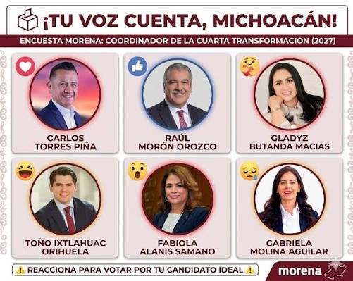 🗳️ ¡Michoacán decide! Morena define su candidato a gobernador 2027 El  proceso interno de Morena en Michoacán avanza y la ciudadanía tiene la  oportunidad de expresar su opinión sobre quién debería liderar