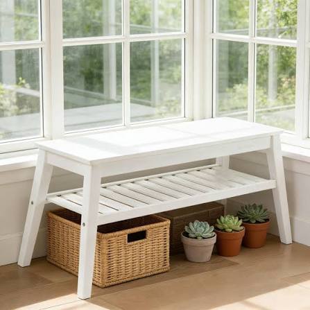 Latitude Run® White Bamboo Storage Bench With 2-Tier Shelf, Entryway Shoe Rack And Multifunctional Seat For Hallway, Living Room, Bedroom, And Outdoor Use, Supports 300 Lbs | Wayfair