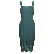 Modèle à petit col droit avec ouverture en v en haut. Dolce Gabbana Robe Vert Fonce Avec Broderie Coton Ref 300976 Joli Closet