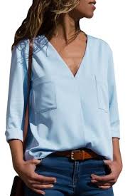 Light Blue Pockets V Neck Long Sleeve Blouse Long Sleeve Blouse Long Sleeve Loose Blouse Elegant Blouses