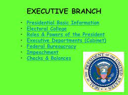 Executive Branch Presidential Basic Information Electoral College Roles &  Powers Of The President Executive Departments (Cabinet) Federal Bureaucracy  Impeachment. - Ppt Download