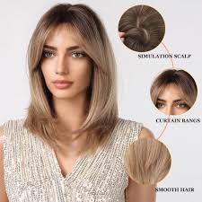 Esmee Short Straight Ombre Blonde Bob Wigs With Curtain Bangs Shoulder  Length Natural Wig Synthetic Daily Party Cosplay Wigs for Women :  Amazon.co.uk: Beauty