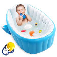Smaller ones are usually placed in the sink for younger babies—and some standard tubs also come with a removable baby bath sling, since the fabric or mesh will keep your little one in place. Buy Inflatable Baby Bathtub With Air Pump Portable Toddler Bathtub Baby Bath Tub Foldable Shower Basin For Newborn Travel Bath Tub Baby Shower Gift Blue Online In Vietnam B088fxsw9y