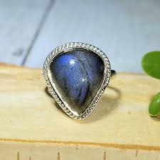 Natural Blue Flash Labradorite .925 Sterling Silver Ring Size Adjustable  8.5-9.5 6 Grams 3/4 X 5/8 EF40