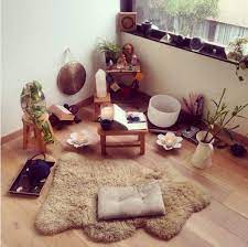 This Fuzzy Lambskin Rug And Crystal Filled Corner Meditation Room Decor Meditation Rooms Meditation Space