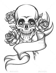 Skull And Roses With Ribbon Skull Rose Tattoos Skull Coloring Pages Skull Stencil