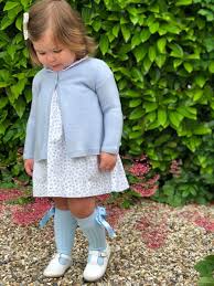 Pretty Girls Dress With Blue Roses Blue Knee High Socks And Blue Cardigan Bea Blue Striped D Girls Blue Dress Toddler Girl Outfits Little Girl Outfits