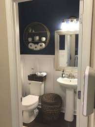 Powder Room Remodel Board And Batten Navy And White Gold And Silver Touches In 2020 Half Bathroom Decor Powder Room Remodel Small Bathroom Remodel