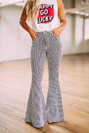 Black And White Striped Flare Pants Outfit Black And White High Waisted Striped Bell Bottoms Have A Stretchy Fit Model Is 5 5 A Size 2 4 And Bell Bottoms Outfit Flared Pants Outfit Striped Flare Pants