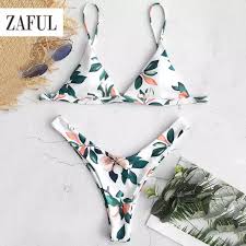 Zaful Swimsuit For Women Bikini Bra Leaf Print High Leg Bikini Set Padded Biki Summer Swimwear Beach Wear Swimming Suit Body Suit Hollow Out
