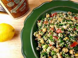 Made with greek vinaigrette salad dressing, feta cheese, parsley, cucumber, garlic and herb couscous mix, cherry tomatoes, pitted kalamata olives, bell peppers. Moosewood Cookbook Perennial Pastimes
