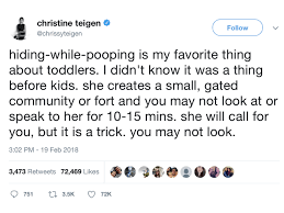 Chrissy teigen, the leftwing model who is married to musician john legend, is panicking and deleting a massive number of tweets after the couple was allegedly linked to jeffrey epstein. 36 Times Chrissy Teigen Was The Most Relatable Celeb Mom Ever